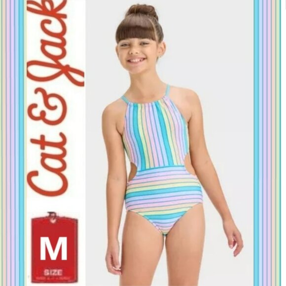 Pastel rainbow stripe one piece swim suit size medium 8, Cat & Jack - Picture 1 of 10
